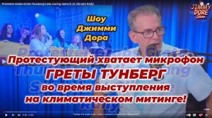 Протестующий хватает микрофон Греты Тунберг