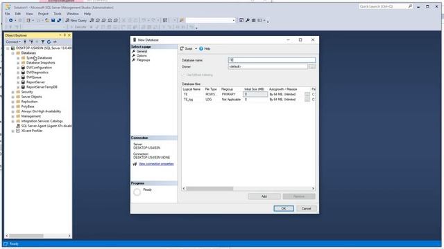 Работа с MS SQL Server Management Studio. Создание новой базы данных.