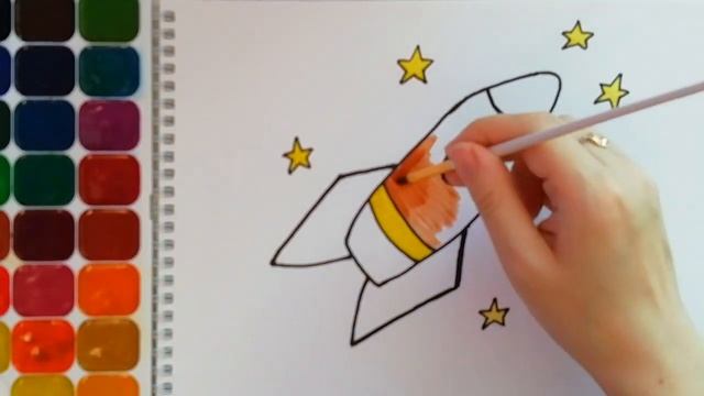 Раскраска для детей. Ракета. Космос. Нарисуй сам. Учим цвета. смотреть онлайн