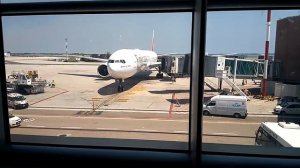 Boeing 777 approaching the gate in Venice Airport Marco Polo