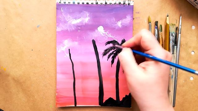 Как нарисовать ПАЛЬМЫ, ЗАКАТ, ОСТРОВ гуашью смотреть онлайн