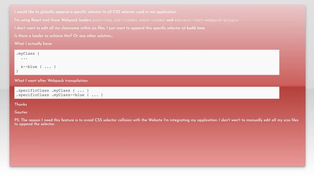 Globally add selector to all my CSS selector with Webpack (at build time) смотреть онлайн