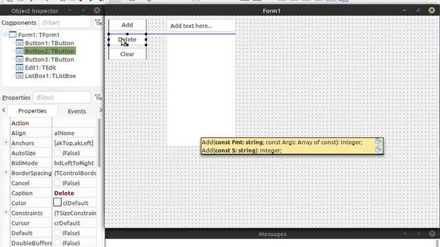 How to create a simple ListBox with Add, Delete & Clear button on Lazarus & Delphi.