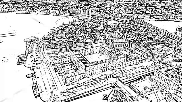 Sketch doodle style. Stockholm, Sweden. Royal Palace in Stockholm. Kungliga slottet. Aerial view, A смотреть онлайн