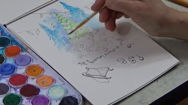 Рождественские сюжеты/ Рисуем акварельными красками и используем  в рисунке ручку с черным цветом