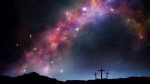 Three Christian Crosses Under Milky Way Starry Night Colorful Evening Stars Sky Glow Worship Loop