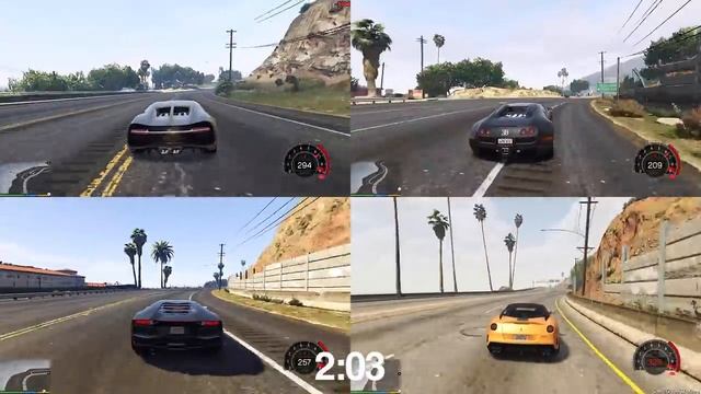bugatti CHIRON vs bugatti VEYRON vs AVENTADOR vs ferrari 599 GTO in gta5