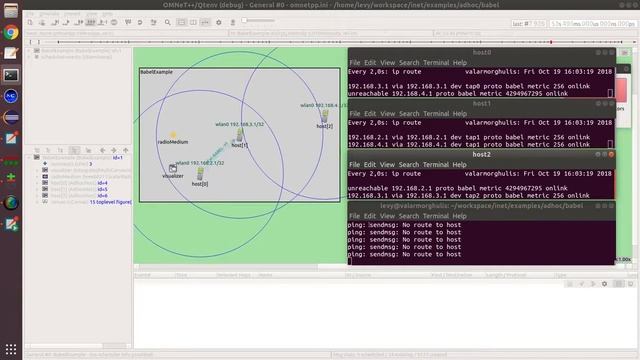 Vanilla babeld instances running over a simulated 802.11 MANET in OMNeT++ and INET Framework