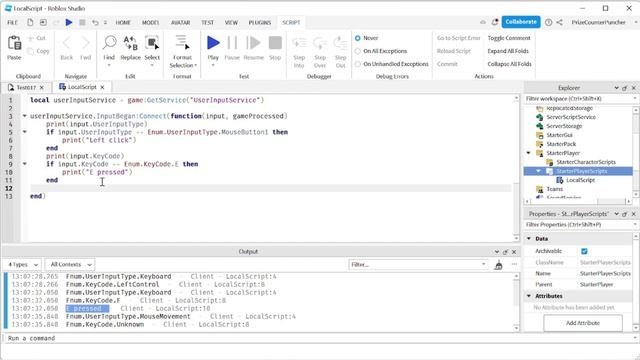 ROBLOX how to DETECT KEYBOARD KEY or MOUSE BUTTON IS PRESSED (UserInputService) (Adv. Beg. - AB003)