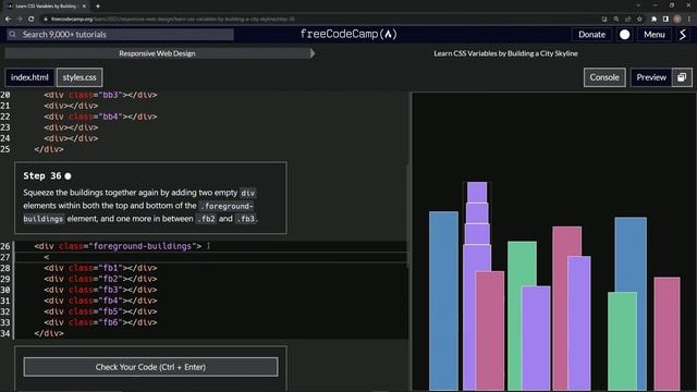 Learn CSS | FreeCodeCamp Learn CSS Variables by Building a City Skyline - Step 36