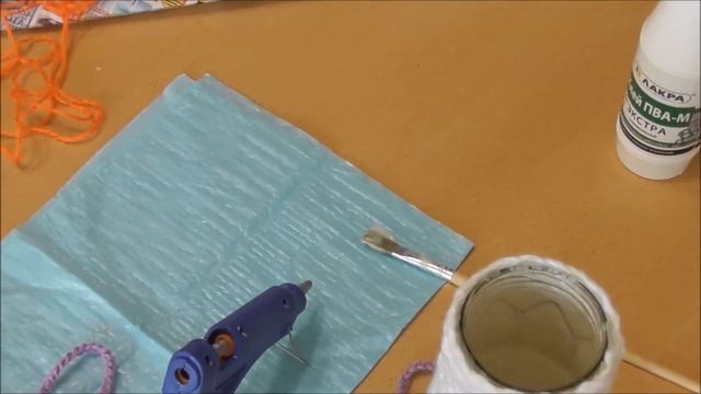 Vase for flowers from banks and threads  Ваза для цветов из банки и ниток