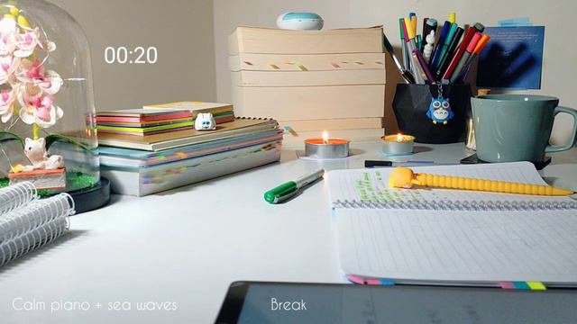 1-Hour Study With Me 🌊 sea waves sound 🎹 gentle calm piano music/Pomodoro 25-5 real-time