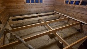 Двухслойный деревянный пол с базальтовым утеплением. Опорные лаги.