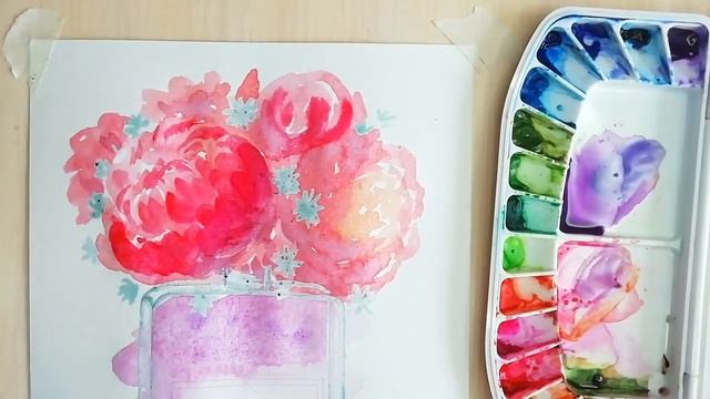 Акварельный аромат/ Watercolour fragrance / Пионы и флакон духов