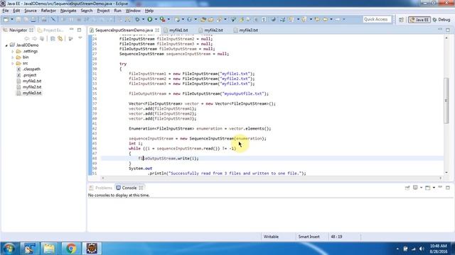 How to read data from multiple files and write to a single file using SequenceInputStream? | Java I
