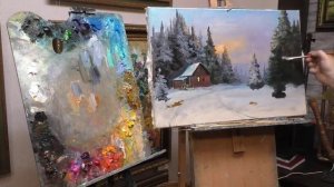 Рисует маслом зимний пейзаж, домик зимой | paints winter landscape