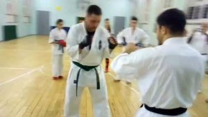 Работа в парах. Спарринговая подготовка Кёкусинкай. Левый внутренний Лоу-кик и левый Шита