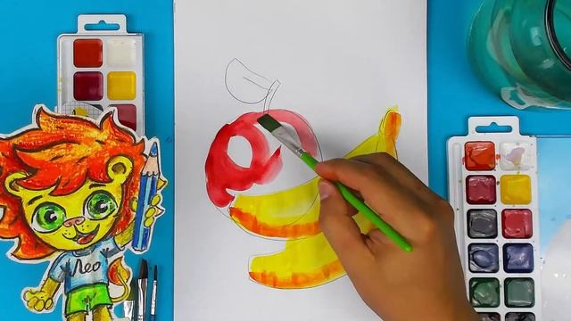 Рисуем НАТЮРМОРТ - банан и яблоко красками акварель