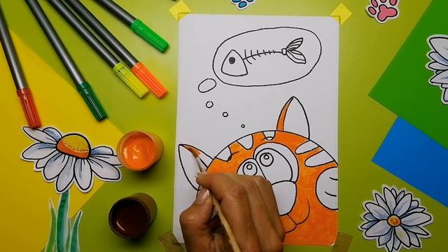 Как нарисовать котика мечтающего о рыбке. Урок рисования для детей. смотреть онлайн