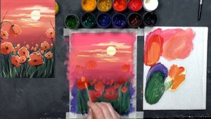 Как Нарисовать Красный ЗАКАТ и МАКИ| Красивый Пейзаж Очень Просто Начинающим| Энергетическая Картин