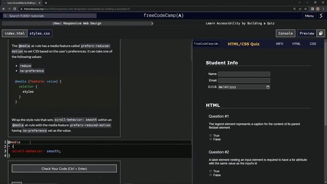 learn2code | freeCodeCamp (New) Responsive Web Design  -  Building a Quiz: Step 67