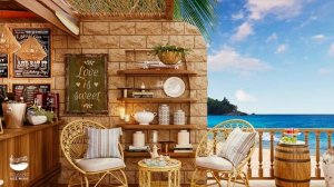 Открытое приморское кафе 4K с летней джазовой музыкой и звуками морских волн для отдыха