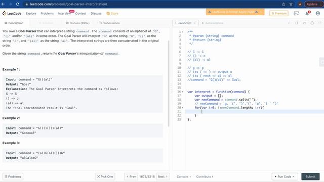 LEETCODE SOLUTION 1678 || Goal Parser Interpretation || LEETCODE CONTEST || EASY || JAVASCRIPT