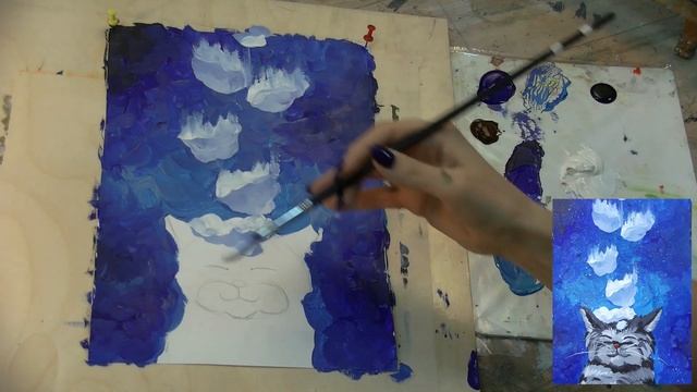 Онлайн урок, рисуем новогоднего кота. Гуашь. смотреть онлайн