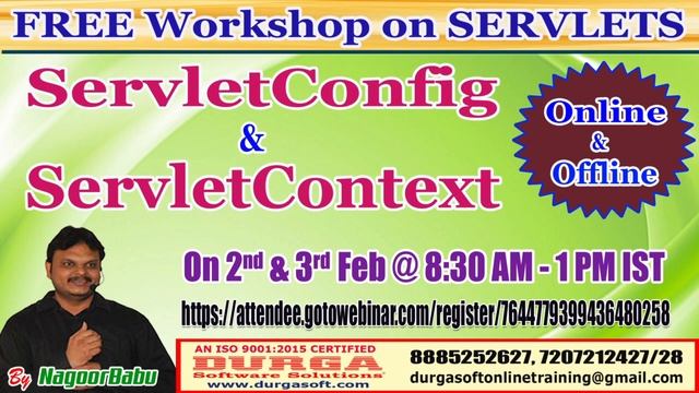 FREE Online/Offline Workshop on SERVLETS (ServletConfig & ServletContext) in DURGASOFT смотреть онлайн