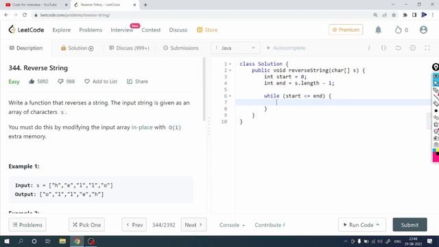 LeetCode Problem: 344. Reverse String | Java Solution