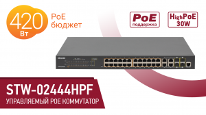 BEWARD STW-02444HPF: управляемый коммутатор, 28 портов (4 SFP) 10/100/1000 Мбит/с, PoE бюджет 430 Вт