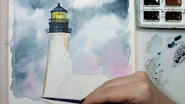 Очень подробный урок акварели для начинающих - рисуем маяк и домик смотреть онлайн