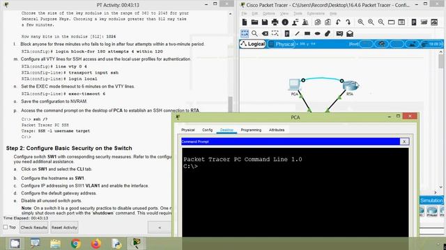 16.4.6 Packet Tracer - Configure Secure Passwords And SSH