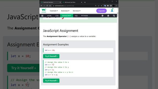 12_JS The Assignment Operator. Оператор присваивания. JavaScript Operators. Tutorial w3schools.com.