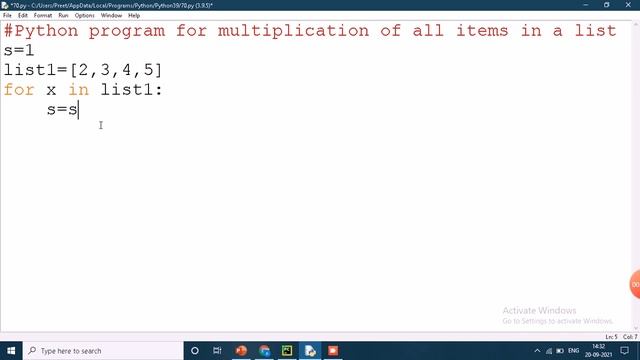 Python program for  multiplication of all the items in a list
