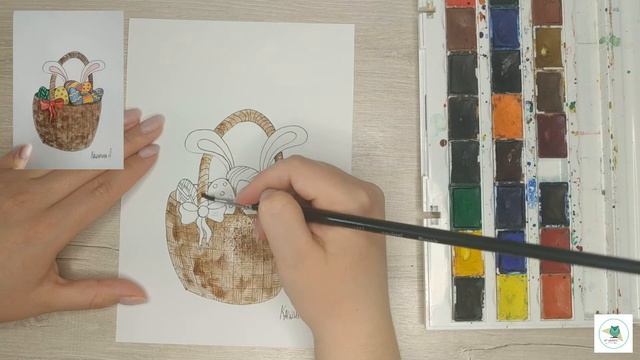 Как нарисовать Пасхального кролика в корзине. Открытка на Пасху.  Бесплатный Урок рисования
