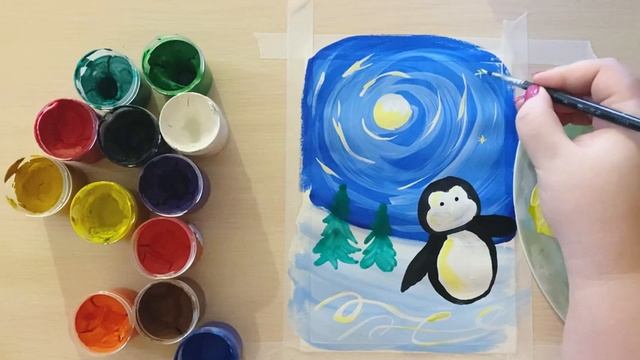 Как нарисовать новогоднего пингвина гуашью - зимний рисунок красками. Урок рисования смотреть онлайн