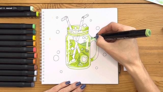 Рисунок скетч маркерами "Коктейль" для скетчбука | Срисовка картинки для начинающих