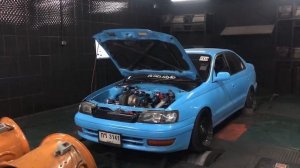 Toyota Corona 4A-FE + 7A-FE Turbo over 330 HP ( Slip on Dyno)