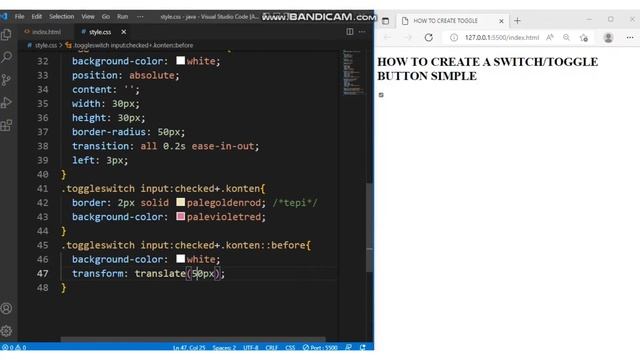 TUTORIAL CARA MEMBUAT TOGGLE SWITCH BUTTON SIMPLE/TOMBOL SAKLAR DI HTML CSS #csstutorial