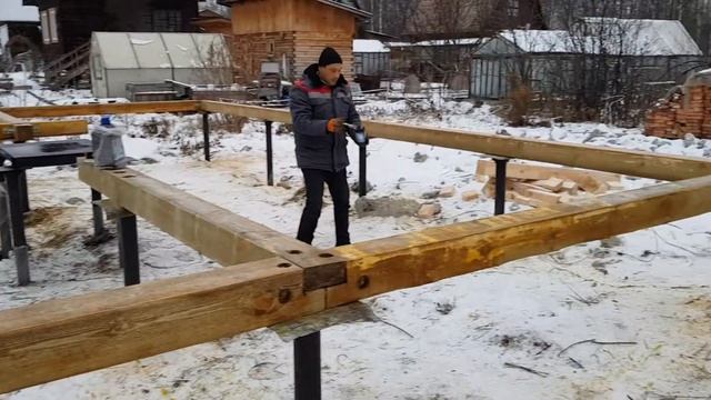 Строим дом из бревна #2. Фундамент на винтовых сваях с обвязом из бруса