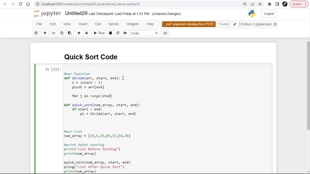 Quick Sort in Python using Jupyter Notebook