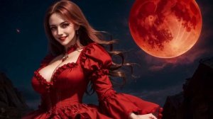 Женщина в красном платье напротив кровавой луны. Woman in red dress in front of blood moon. AI Art.