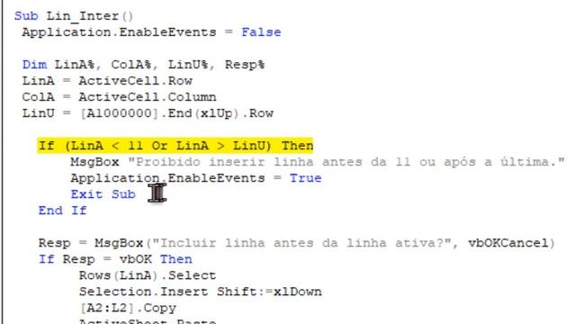 VBA inserir LINHA intermediária na tabela Excel com método Insert do objeto Range