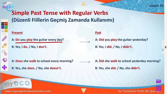 Elementary Lesson 32: Simple Past Tense with Regular Verbs┃MyECO
