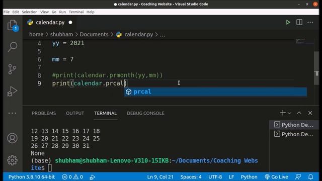 Python script to print calendar of Month/Year - Python