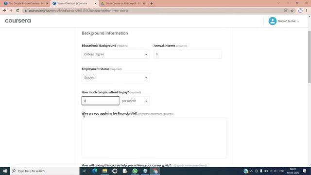 Learn python free from Google using Coursera financial aid of Cash Course on python(pdf link given)