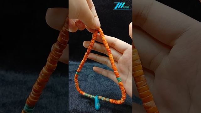Free-shape Natural turquoise and orange spiny oyster roundle  beads handmade necklace gift 04