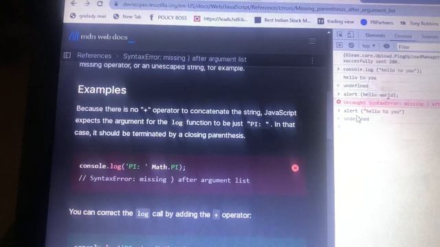 Syntax error : missing in JavaScript . VM185:1 Uncaught SyntaxError: missing ) after argument list смотреть онлайн