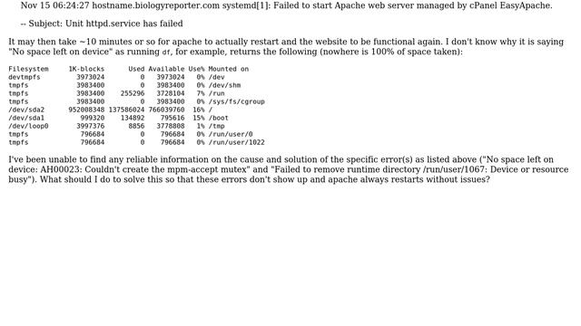 "No space left on device: AH00023: Couldn't create the mpm-accept mutex" when restarting httpd смотреть онлайн